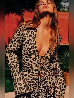 Zara Leopard Print Tie Front Blouse XL Sheer Animal Print Top Y2K Chic